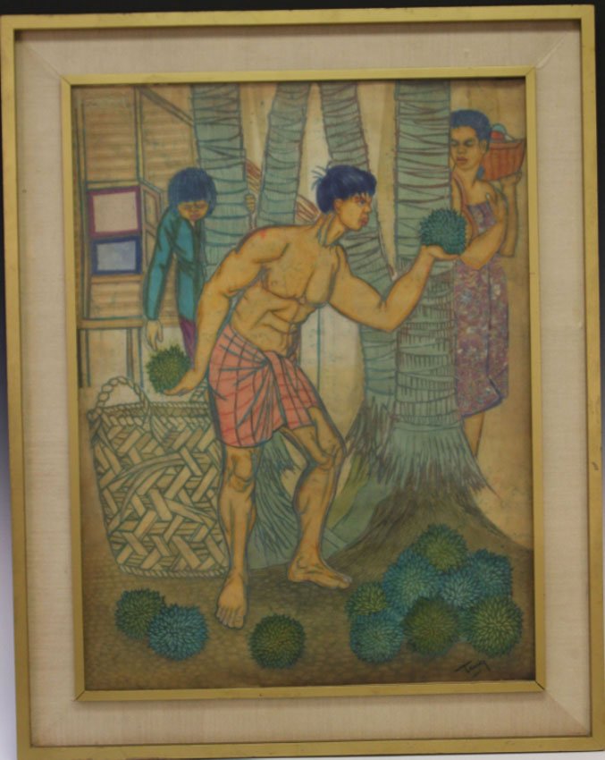 CHUAN THEAN TENG, BATIK PAINTING: with original gallery label Sight- 26 1/2" x 35 1/4" Overall- 34 3/4" x 43 3/4"
