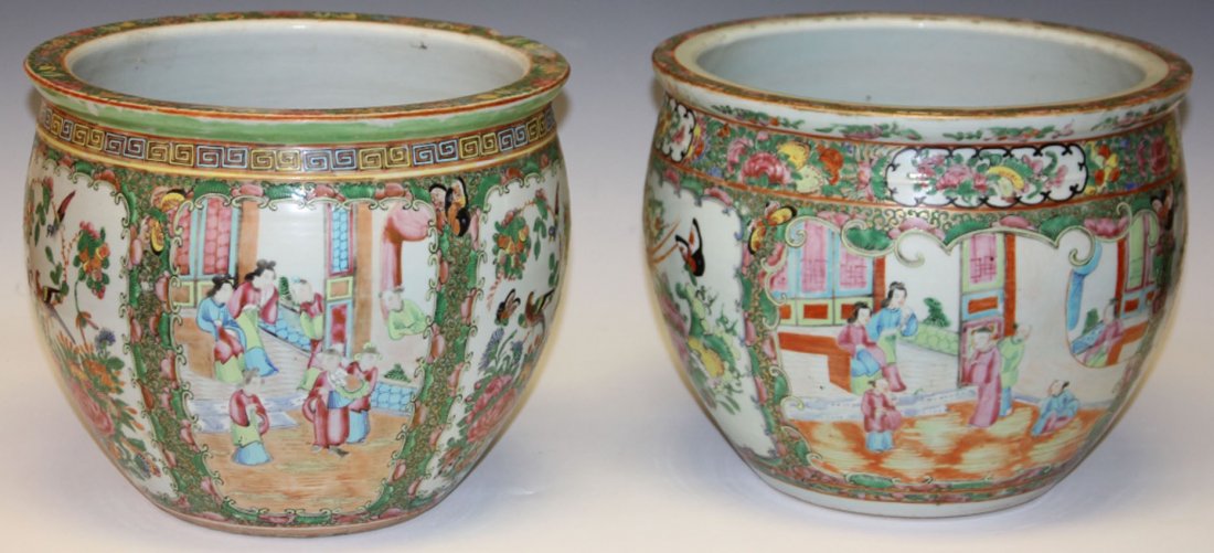 PAIR OF CHINESE ROSE CANTON PORCELAIN JARDINERES: Height- 10" Condition- one has surface chip on top