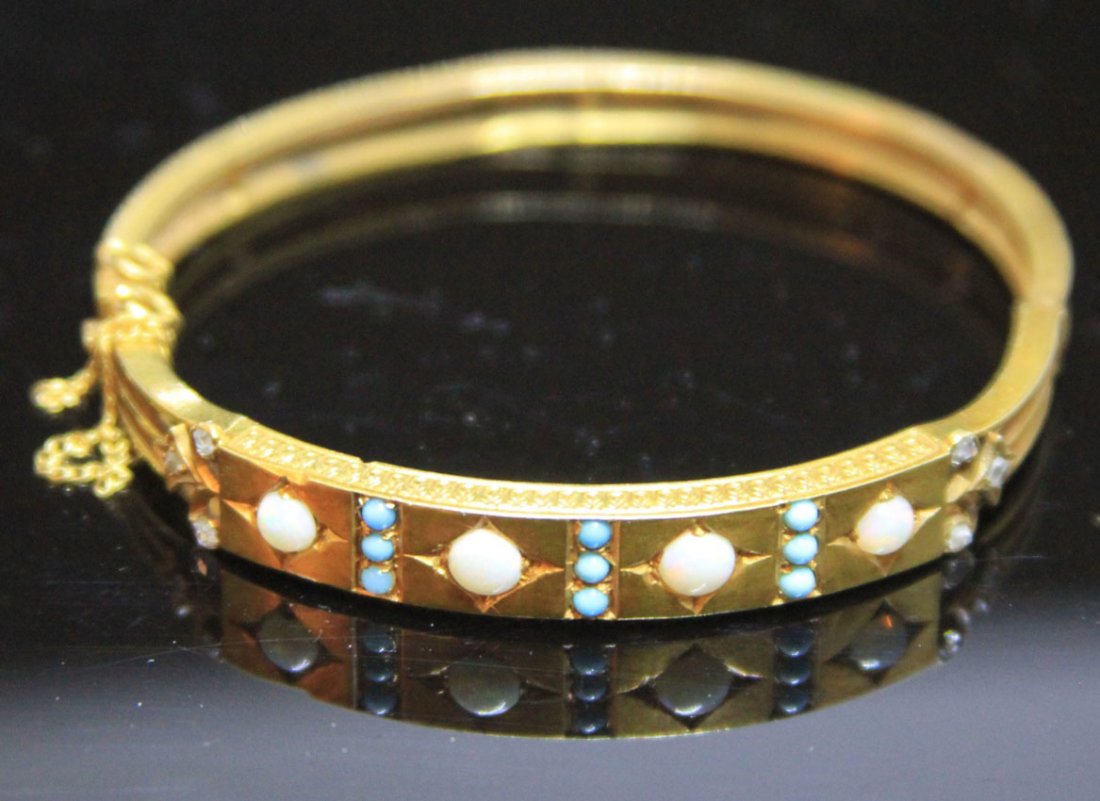 VICTORIAN OPAL AND DIAMOND BANGLE BRACELET: Weight- 11.8 grams