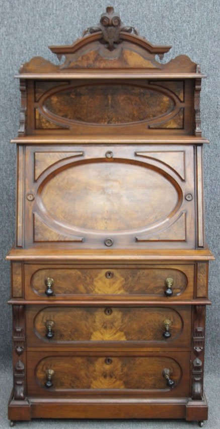 AMERICAN BURL WALNUT SLANT FRONT DESK, 1880: Height- 67", width- 34 1/4"