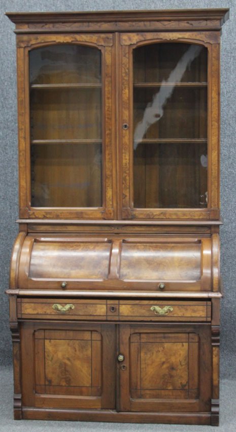 EASTLAKE WALNUT CYLINDER ROLL DESK: with bookcase Height- 82" width- 43"