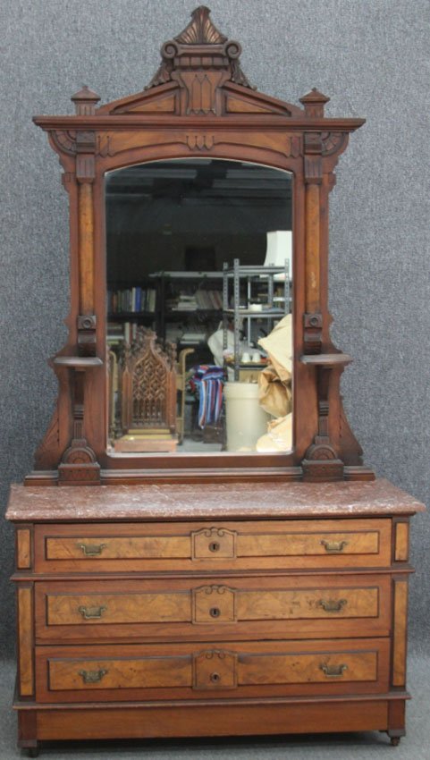 VICTORIAN WALNUT MARBLE TOP DRESSER: Height- 94", width- 51"