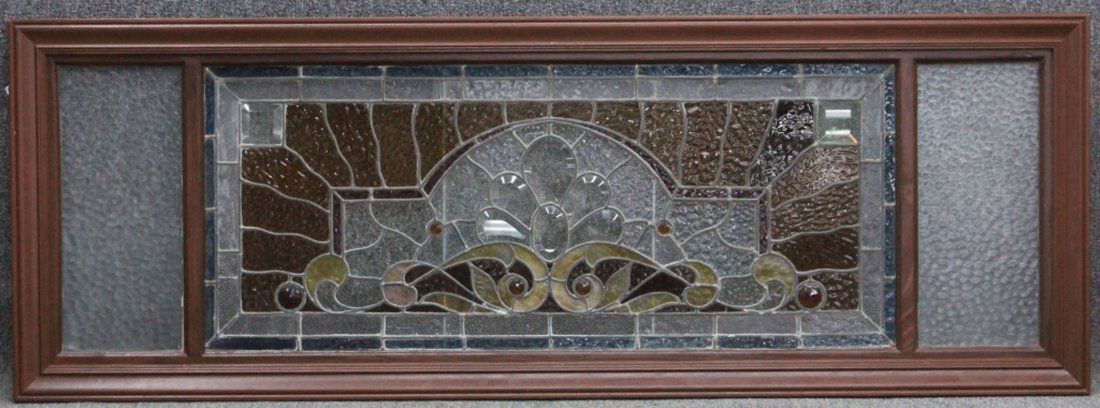 VICTORIAN JEWELED STAINED GLASS WINDOW, FRAMED: Size- 26 1/2" x 74"