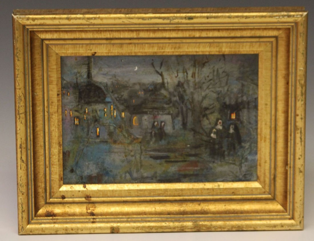 FRENCH SCHOOL, OIL ON BOARD: Figures at night Sight- 6" x 9" Overall- 10 1/4" x 13 1/4"
