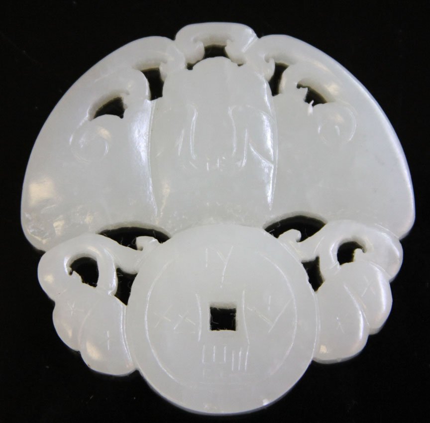 CHINESE JADE PENDANT, BAT WITH COIN, 19TH CENTURY: Provenance- Private Collection Of East Coast Collector Wheel cut, symbol of Good Luck Length- 2 1/8" Weight- 39.7 grams