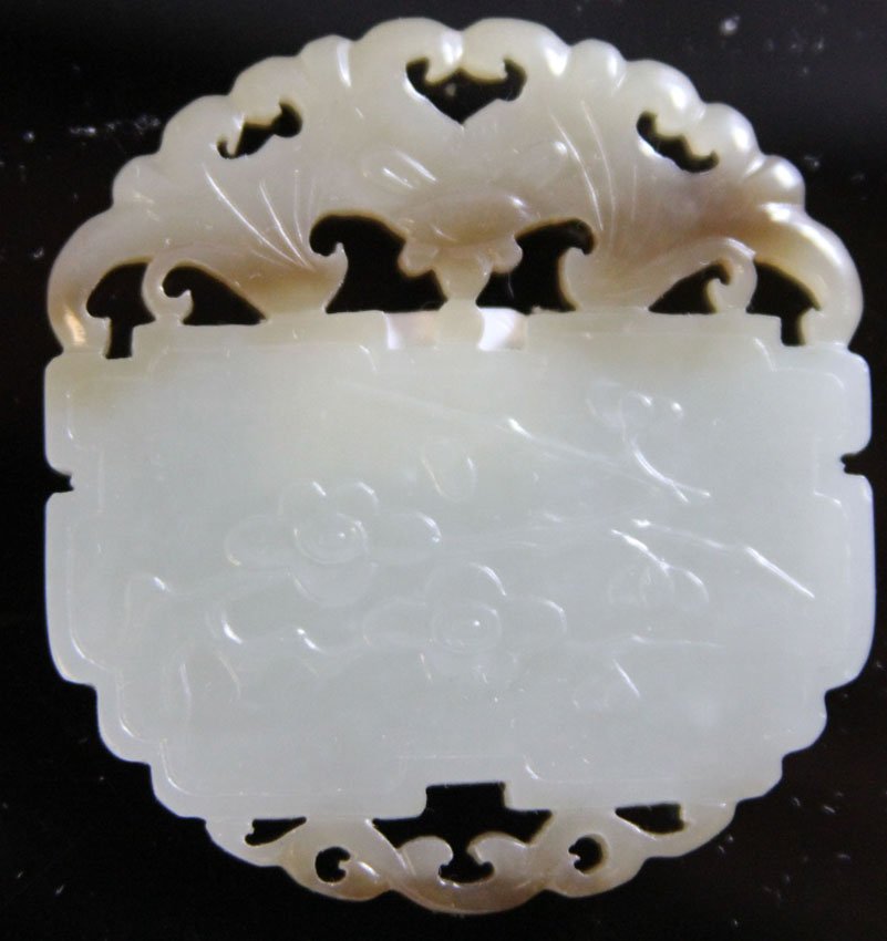 CHINESE JADE CARVING WITH BAT, 18TH/19TH CENTURY: Provenance- Private Collection Of East Coast Collector Natural color, open work, wheel cut Length- 2 1/4" Weight- 30.3 grams