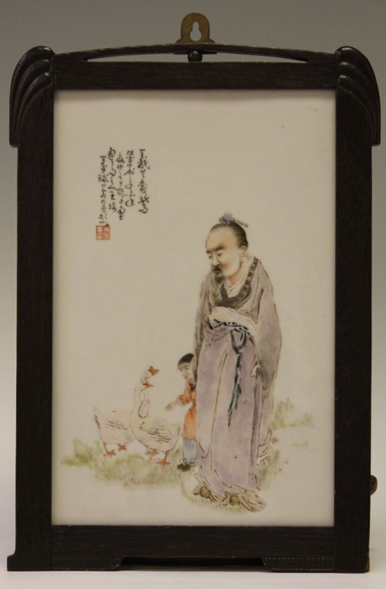 EARLY CHINESE PORCELAIN PLAQUE, ARTIST SIGNED: Sight- 10" x 15" Overall- 12 1/4"- 18"