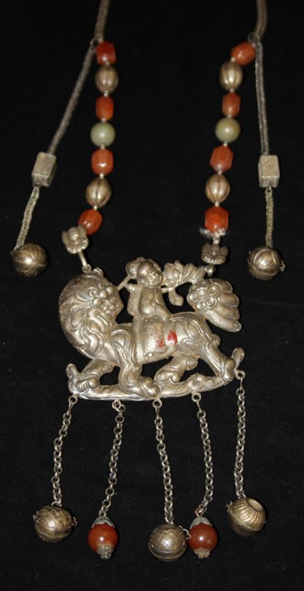 VINTAGE CHINESE NECKLACE WITH PENDANT: test silver patina over metal, Court beads Provenance- Private Collection Of East Coast Collector ca. 1850-1900 Weight- 209.7 grams