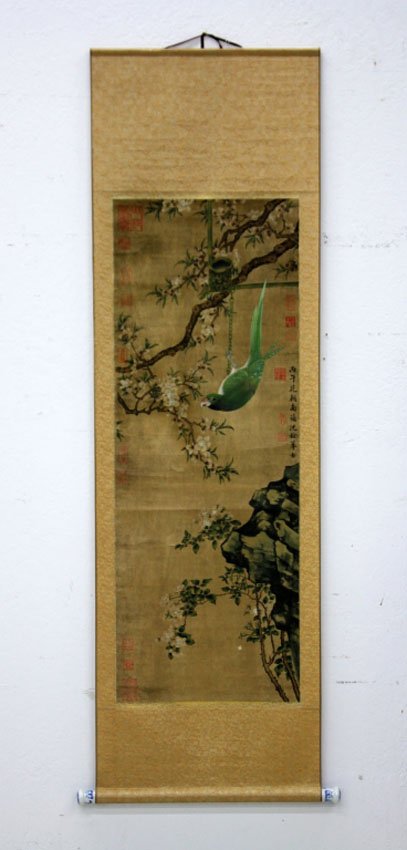 CHINESE SCROLL WITH (16) CHOP MARKS: Sight- 17 1/4" x 47" Overall length- 70"