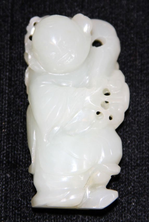 CHINESE JADE FIGURAL CARVING, 19TH CENTURY: Provenance- Private Collection Of East Coast Collector Length- 2 1/8" Weight- 34.8 grams