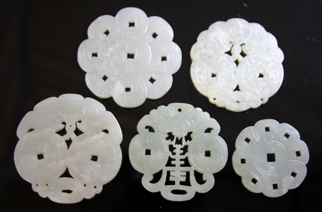 LOT OF (5) CHINESE JADE CARVING, 19TH CENTURY: Provenance- Private Collection Of East Coast Collector coin shaped Width- 1 1/2"- 2" Weight- 136.7 grams