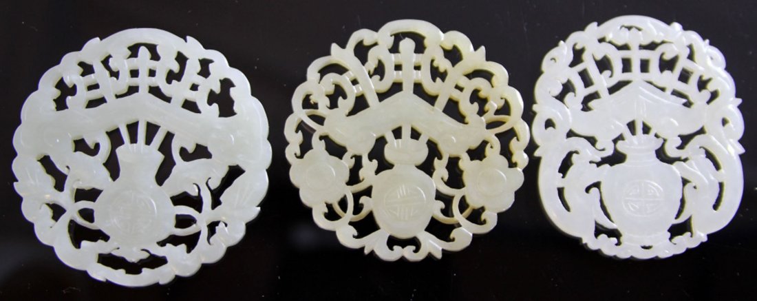 LOT OF (3) CHINESE JADE CARVINGS, 19TH CENTURY: Provenance- Private Collection Of East Coast Collector Width- 2 1/8" - 2 1/4" Weight- 59.8 grams Condition- loss to one of the carvings