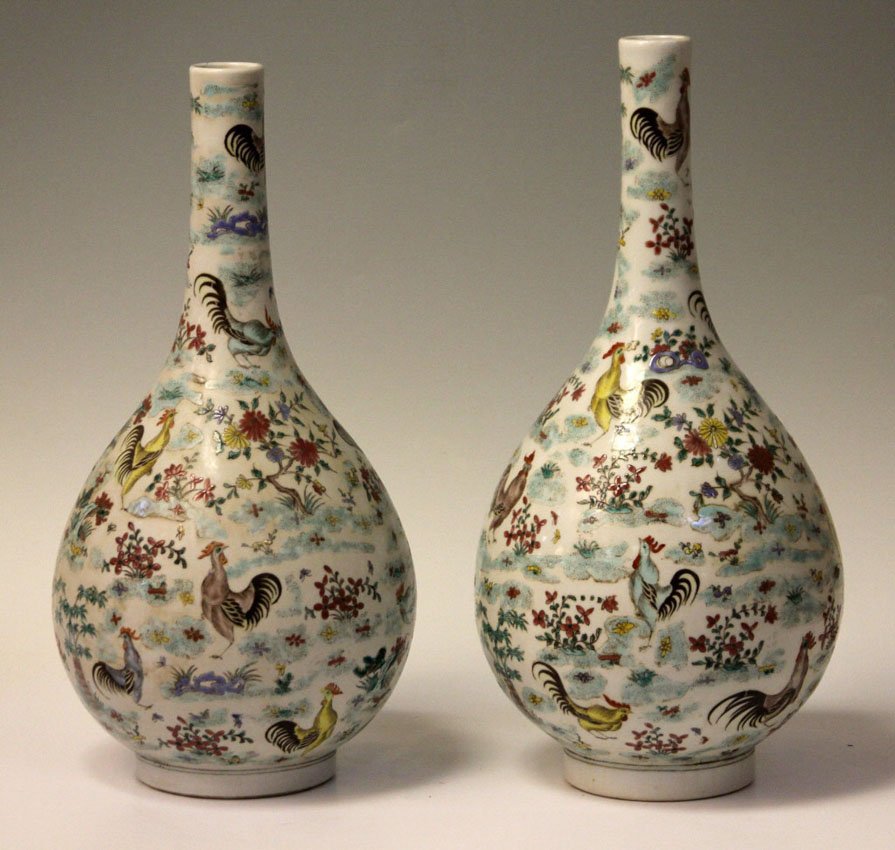 PAIR OF CHINESE PORCELAIN STEMNECK VASES: painted with chickens Height- 18"
