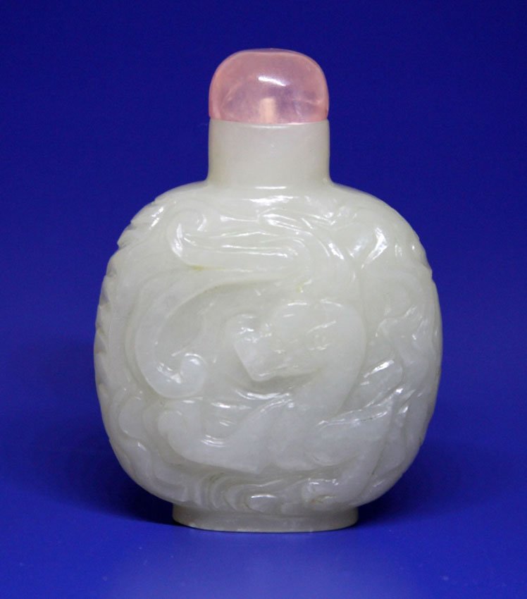SERPENTINE CARVED CHINESE SNUFF BOTTLE: carving on both sides Height- 2 1/2"
