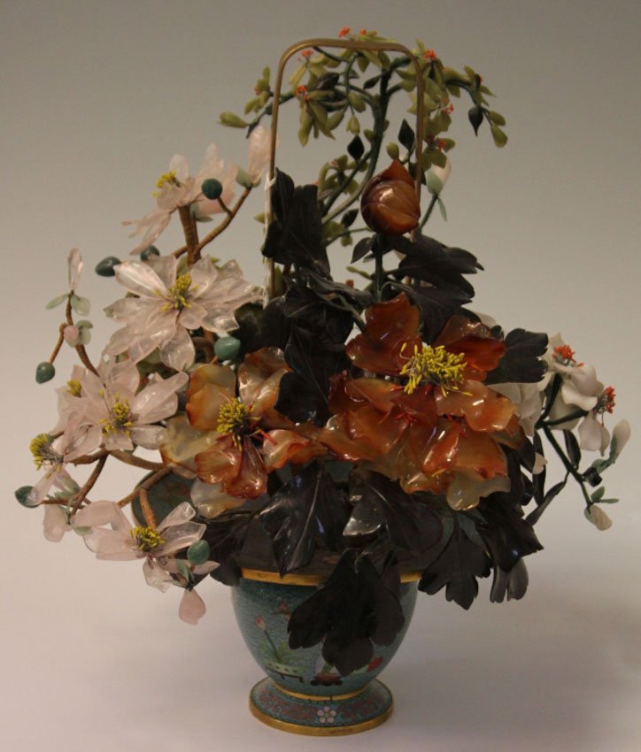CHINESE JADE FIGURAL TREE WITH CLOISSONNE BASE: Height- 17 1/2"