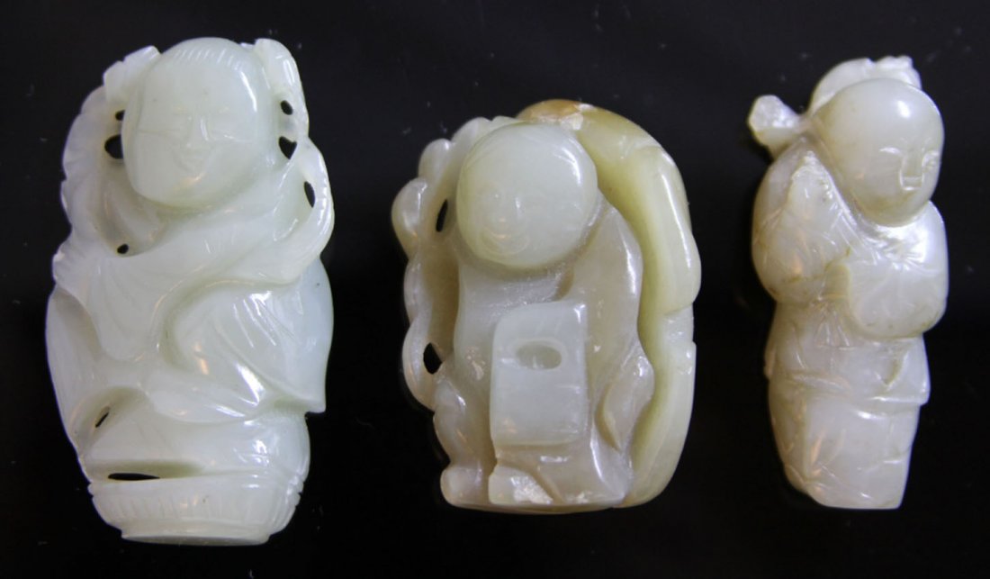 LOT OF (3) CHINESE FIGURAL JADE CARVINGS, 1900'S: Provenance- Private Collection Of East Coast Collector Length- 2"- 2 1/4" Weight- 109.5 grams Condition- flea bite chips