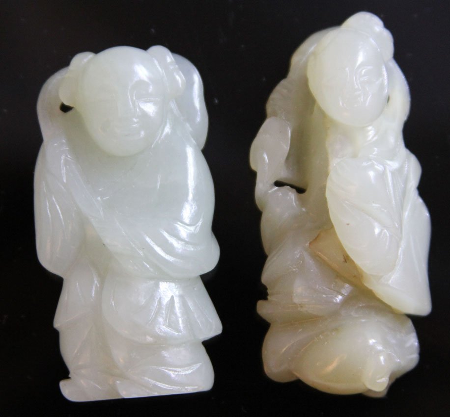 LOT OF (2) CHINESE JADE FIGURES, 1900'S: Provenance- Private Collection Of East Coast Collector Length- 2"- 2 1/4" Weight- 63.7 grams Condition- chips