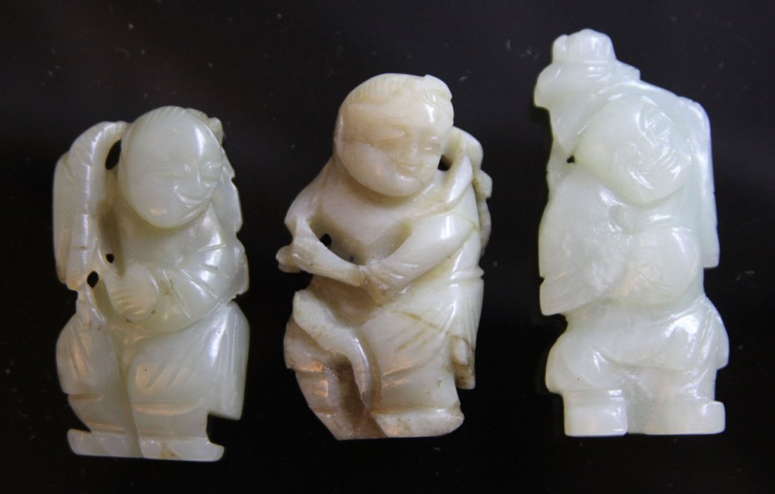 LOT OF (3) CHINESE JADE CARVINGS OF BOYS, 1900'S: Provenance- Private Collection Of East Coast Collector Length- 2"- 2 1/4" Weight- 101.2 grams Condition- chips, losses