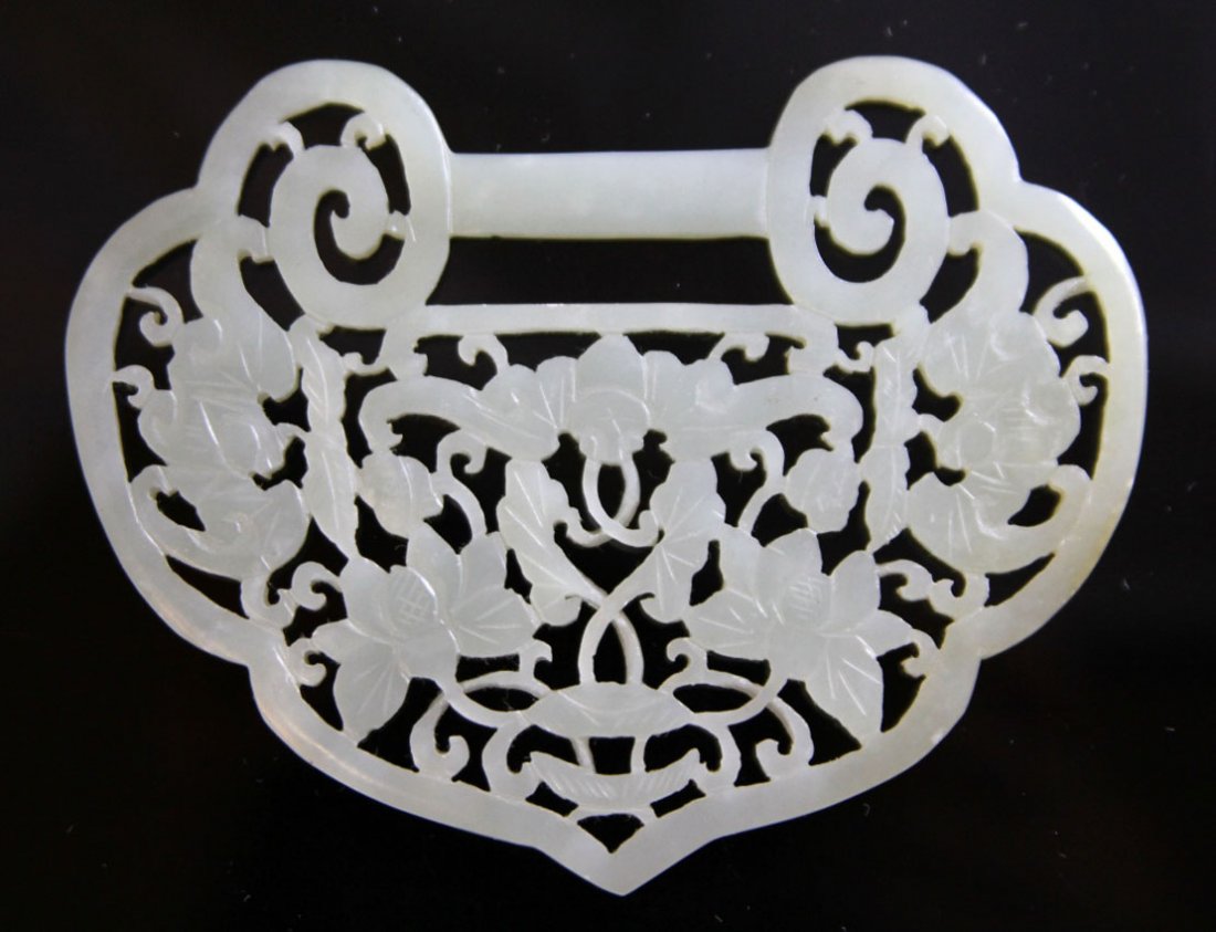 EARLY CHINESE JADE LOCK, 19TH CENTURY: Provenance- Private Collection Of East Coast Collector Open work wheel cut Length- 3 3/4" Weight- 43.2 grams