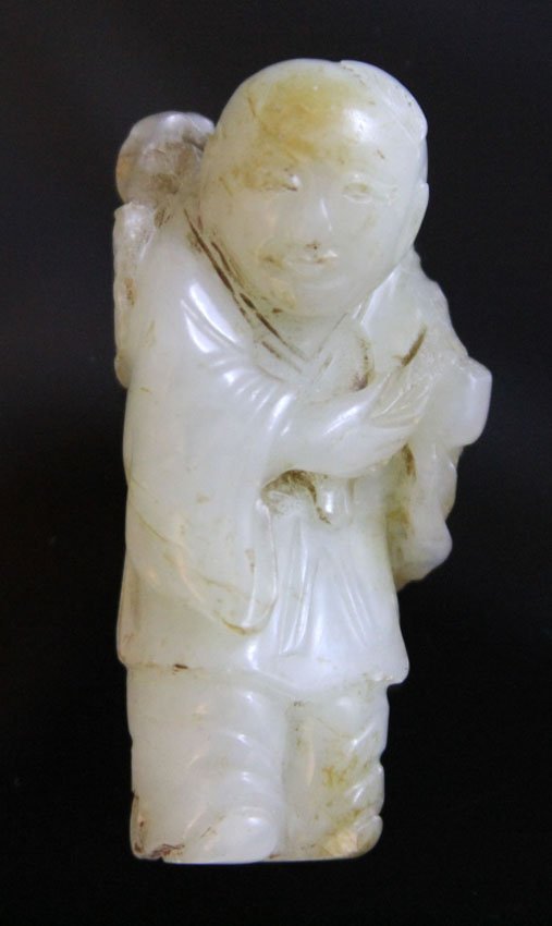 CHINESE WHITE JADE FIGURAL CARVING, 1900'S: Provenance- Private Collection Of East Coast Collector Length- 2 1/2" Weight- 44.6 grams Condition- chips