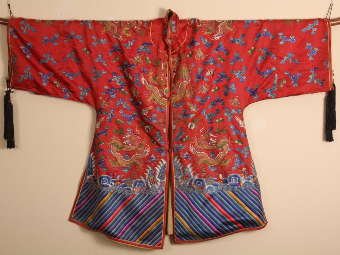 QING DYNASTY EMBROIDERED ROBE: with (8) dragons, 19th Century