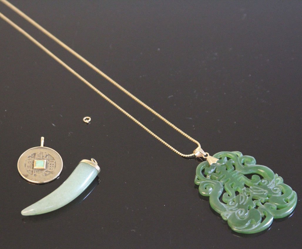 LOT OF (3) JADE PENDANTS, 14KT: Weight- 27 grams