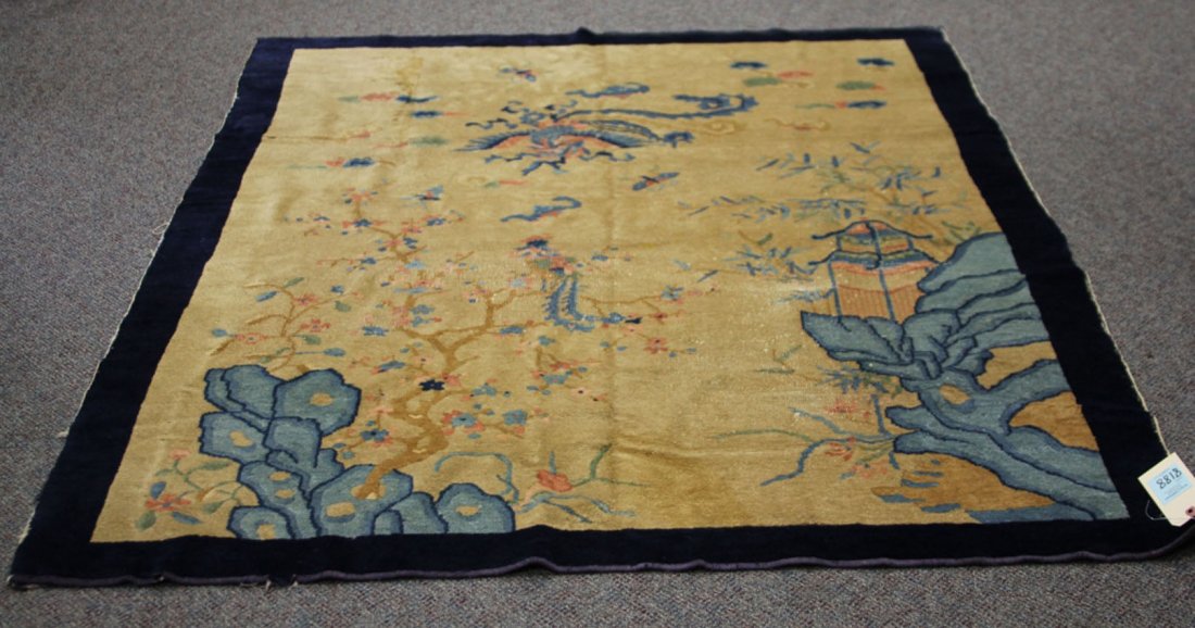 VINTAGE CHINESE CARPET WITH DRAGON: Overall- 61 3/4"- 82"