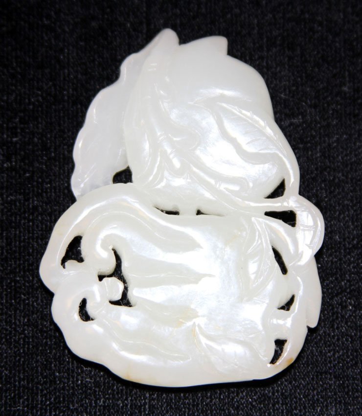 CHINESE JADE CARVING OF FRUIT: 19th/early 20th century Provenance- Private Collection Of East Coast Collector with peach skin Length- 2 1/2"