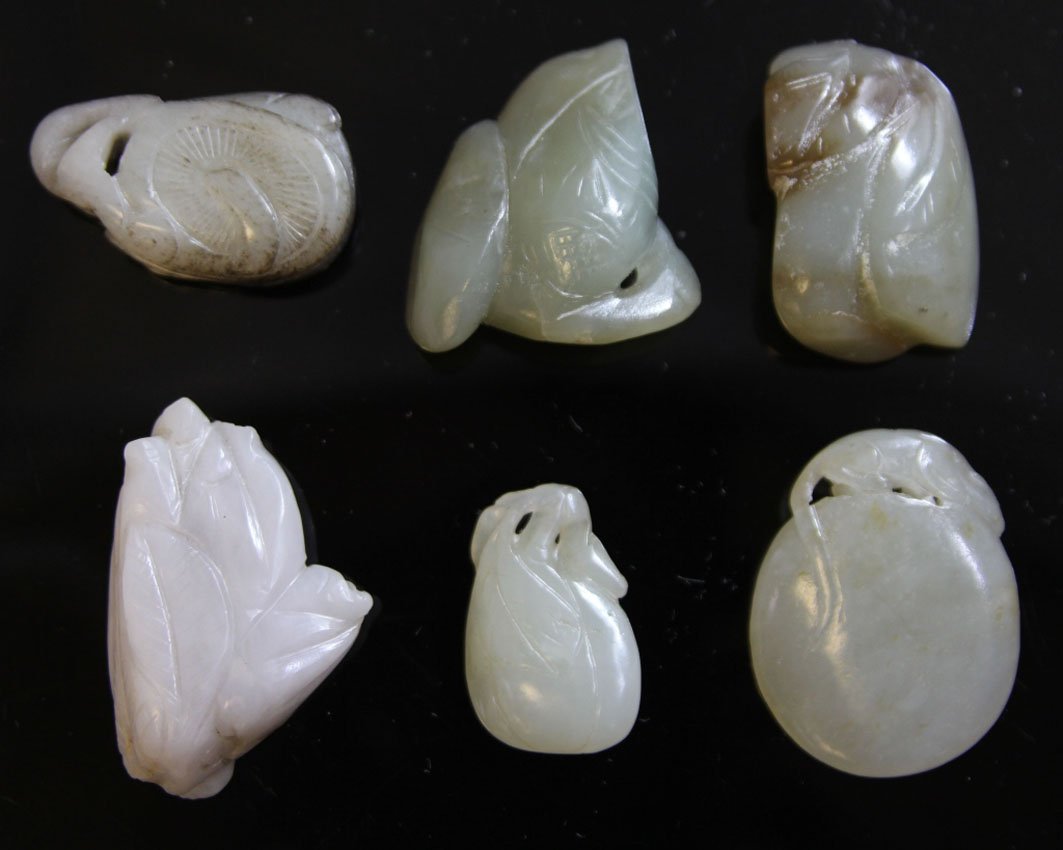 LOT OF (6) CHINESE JADE CARVINGS, 1900'S: Provenance- Private Collection Of East Coast Collector Length- 1 1/4"- 2" Condition- two with chips
