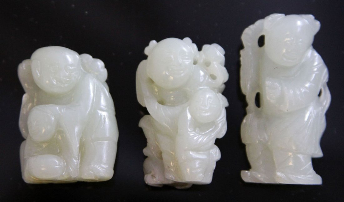LOT OF (3) CHINESE JADE FIGURAL CARVINGS, 1900'S: Provenance- Private Collection Of East Coast Collector Length- 1 1/2"- 1 7/8" Weight- 75.8 grams Condition- chip on bottom foot