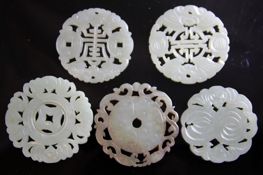 LOT OF (5) JADE CARVINGS, 19TH CENTURY: Provenance- Private Collection Of East Coast Collector Diameter- 2"- 2 1/4" Weight- 139.7 grams