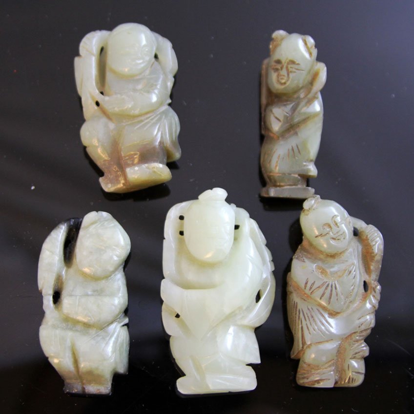 LOT OF (5) JADE FIGURAL CARVINGS: Provenance- Private Collection Of East Coast Collector Length- 2"- 2 1/4" Weight- 150.6 grams Condition- Chips to one