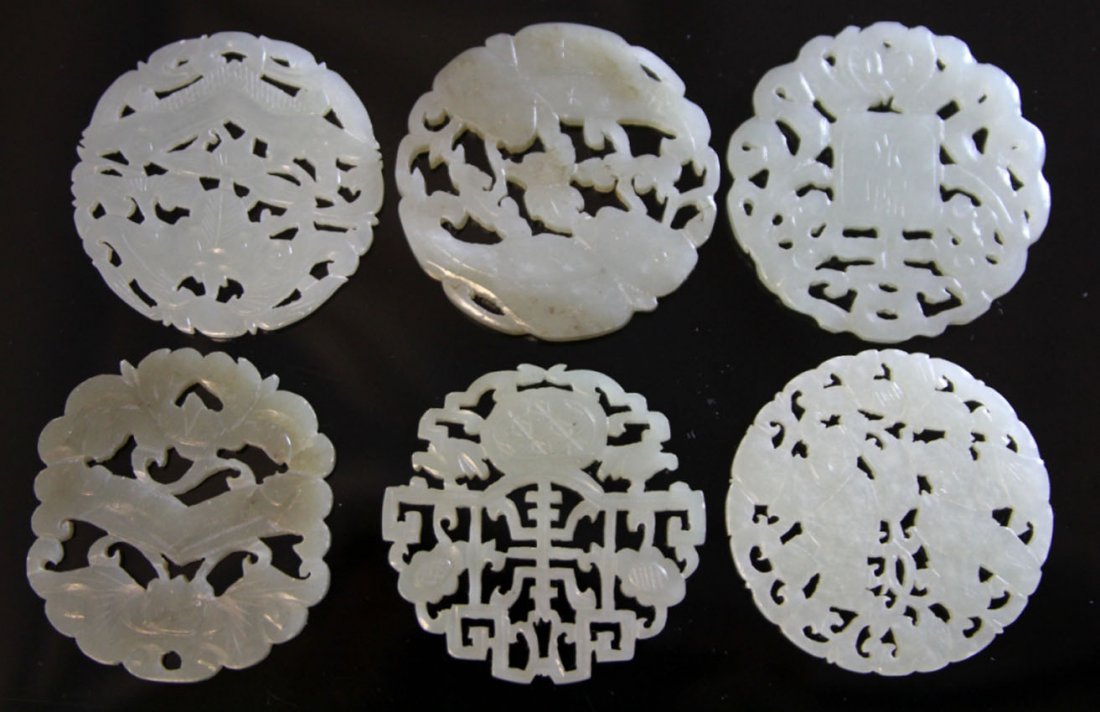 LOT OF (6) CHINESE JADE CARVINGS, 1900'S: Provenance- Private Collection Of East Coast Collector Diameter- 2" Weight- 125 grams