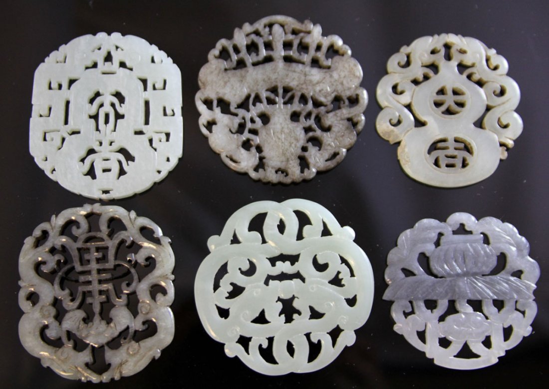 LOT OF (6) CHINESE CARVED JADE: 19th/early 20th century Provenance- Private Collection Of East Coast Collector Diameter- 2" - 2 1/4" Weight- 142.6