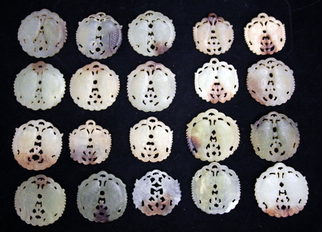 LOT OF (20) SERPENTINE CARVED PENDANTS: Provenance- Private Collection Of East Coast Collector Length- 2 1/4"- 2 1/2" Weight- 590 grams