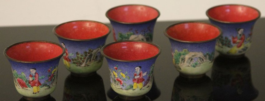 SET OF (6) ENAMELED CHINESE WINE CUPS: Height- 1 1/2"