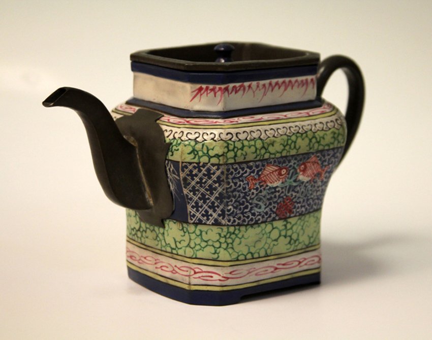 CHINESE PEWTER AND ENAMELED TEA POT: with (1) stamp mark on bottom Height- 6" Weight- 29 troy oz.