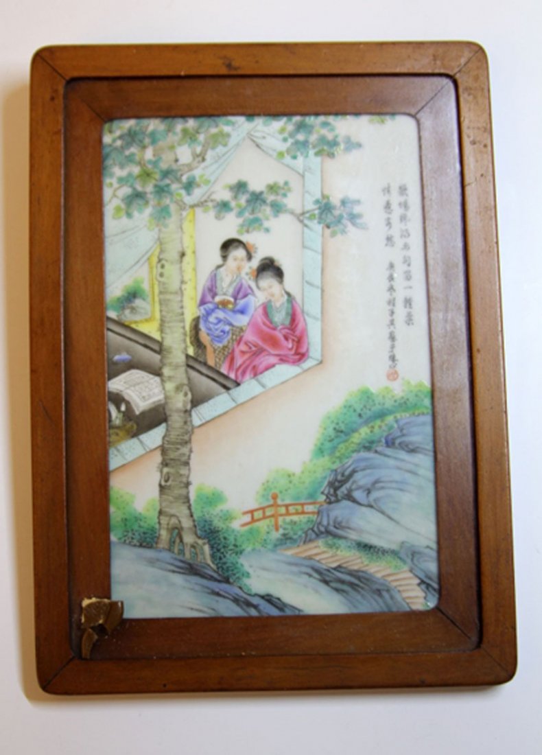 QING DYNASTY PORCELAIN PAINTED PLAQUE, FRAMED: Sight- 4 7/8" x 7 1/4" Frame- 7" x 9 3/4"