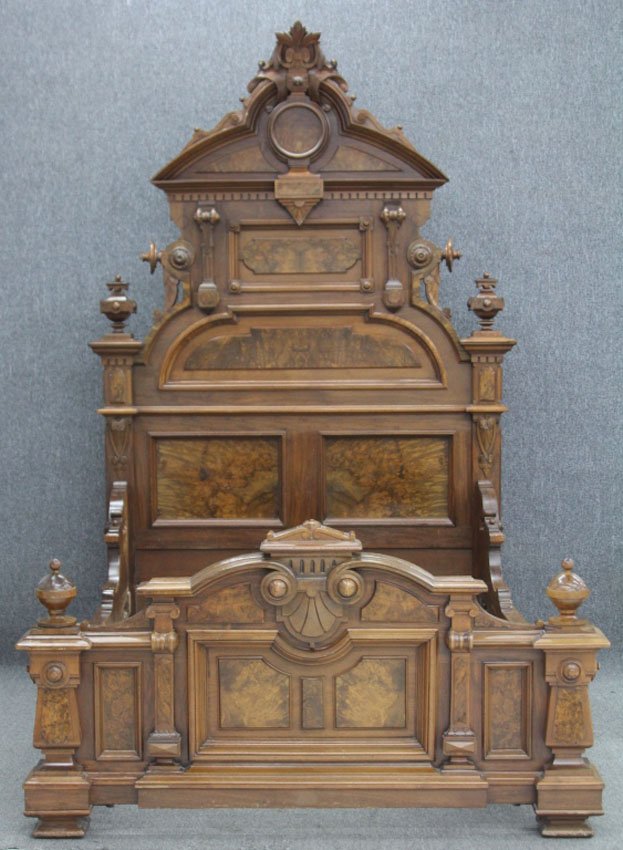 RENAISSANCE REVIVAL WALNUT BED, 19TH CENTURY: Height- 106" Mattress- 58" x 75"