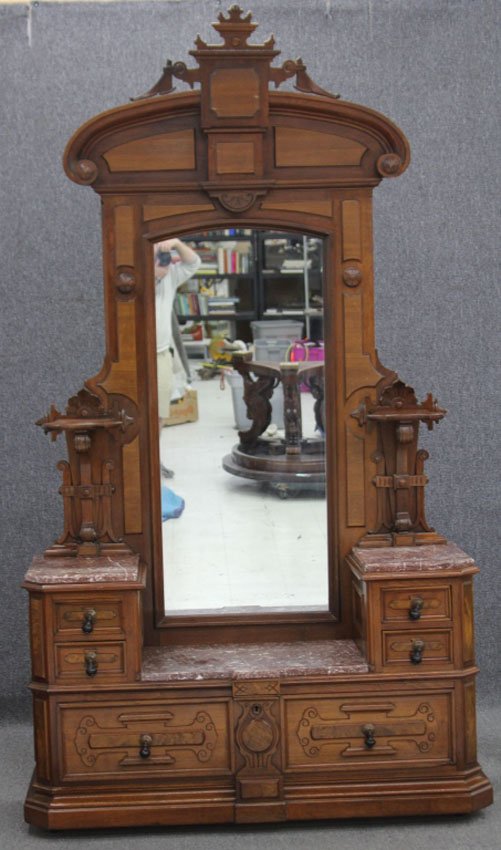 RENAISSANCE REVIVAL WALNUT MARBLE DRESSER: 19th century Height- 104" Width- 58"