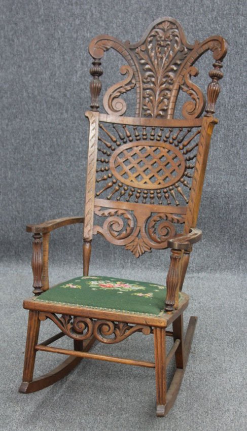 HUNTZINGER MAHOGANY STICK AND BALL ROCKING CHAIR: Height- 51"