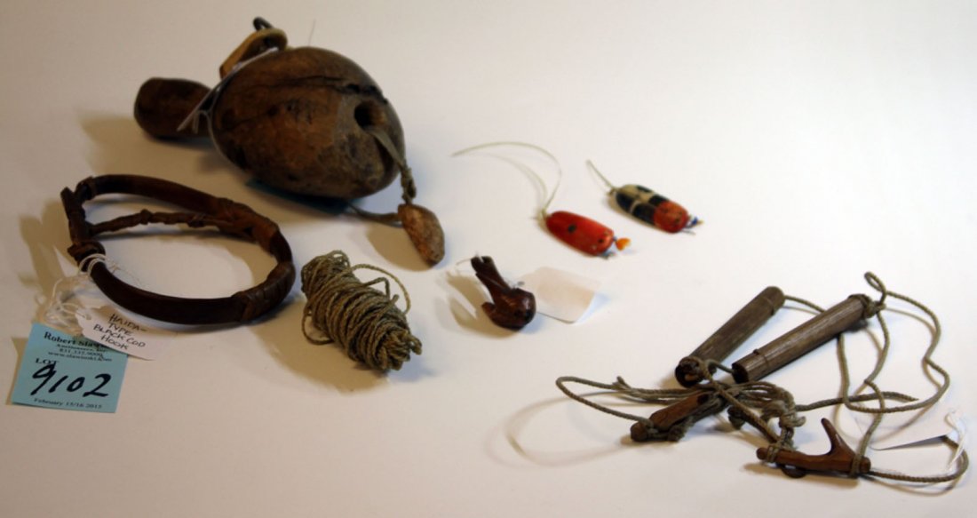 LOT OF (8) EARLY ESKIMO FISHING LURES, LINE: with Whale shaped float