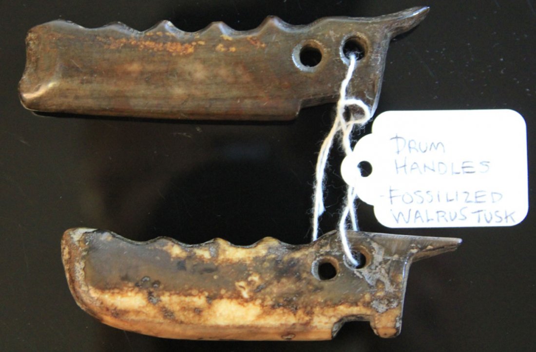 LOT OF (7) EARLY ESKIMO ARTICLES: Dog sled runner, drum handles Length- 1 1/4"- 7"