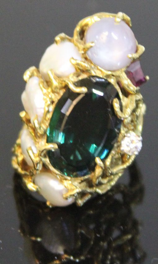 18KT TOURMALINE, SEA PEARL, STAR SAPPHIRE RING: Ring Size- 5.5 Weight- 24.5 grams