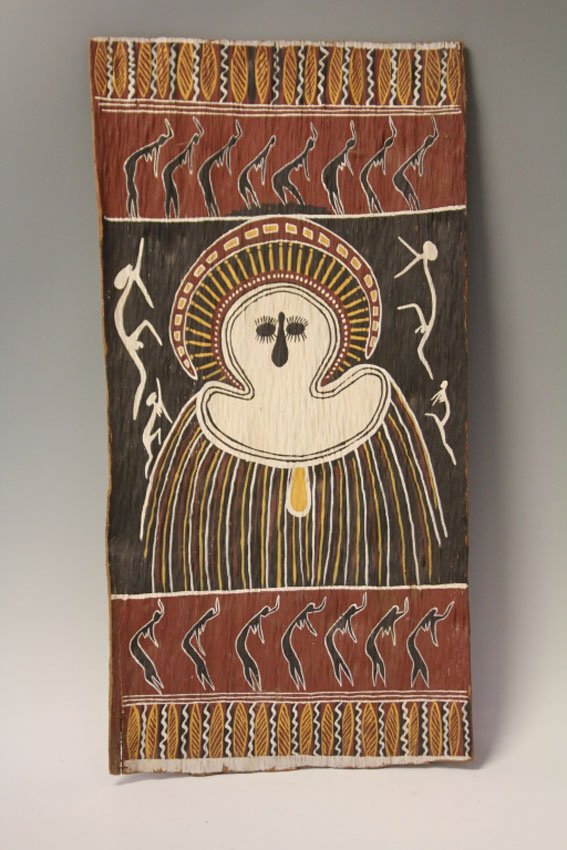 ABORIGINAL WANDJINA BARK PAINTING: Overall- 17" x 34"