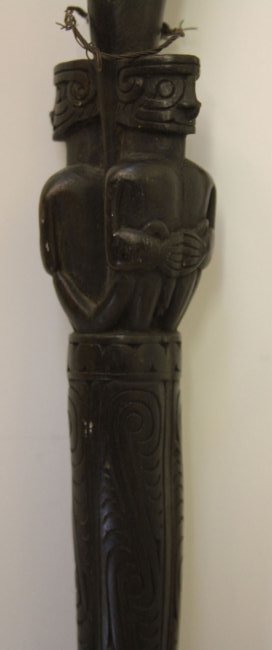 NEW GUINEA TROBRIAND ISLAND ORATORS STAFF: with dual squatting figures Length- 43 1/2" Provenance- Louis A. Allen Collection