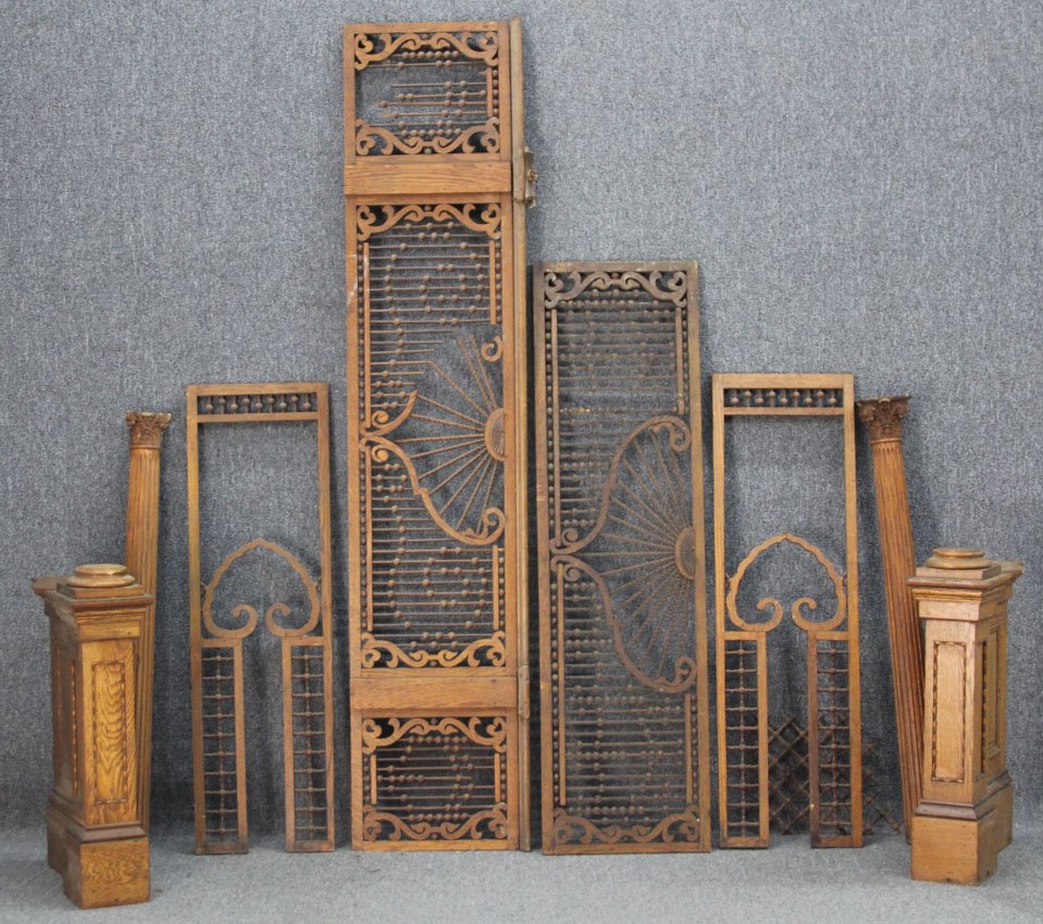 VICTORIAN STICK AND BALL OAK FRET WORK SET: Height post- 45" Longest fret- 84" Height of oak stands- 31" Condition- losses