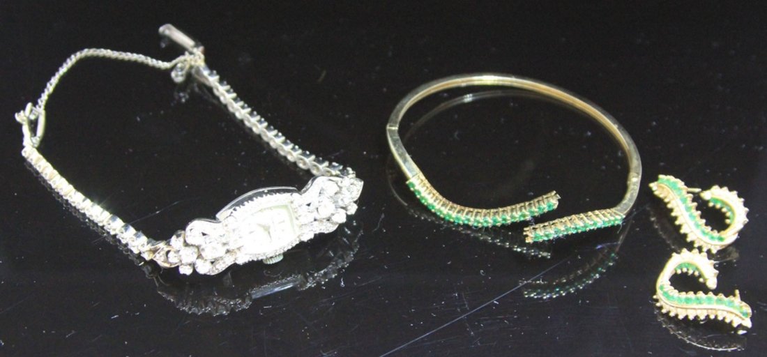 LOT OF (3) 14KT VINTAGE JEWELRY: Emerald bangle bracelet, diamond earrings, and Hamilton bangle is broken