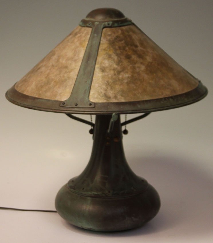 MODERN ARTS AND CRAFTS STYLE LAMP: copper with mica shade Height- 17 1/2"