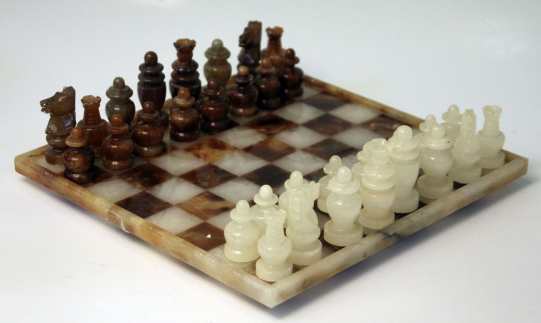ONYX CARVED CHESS SET: Board- 14" x 14"